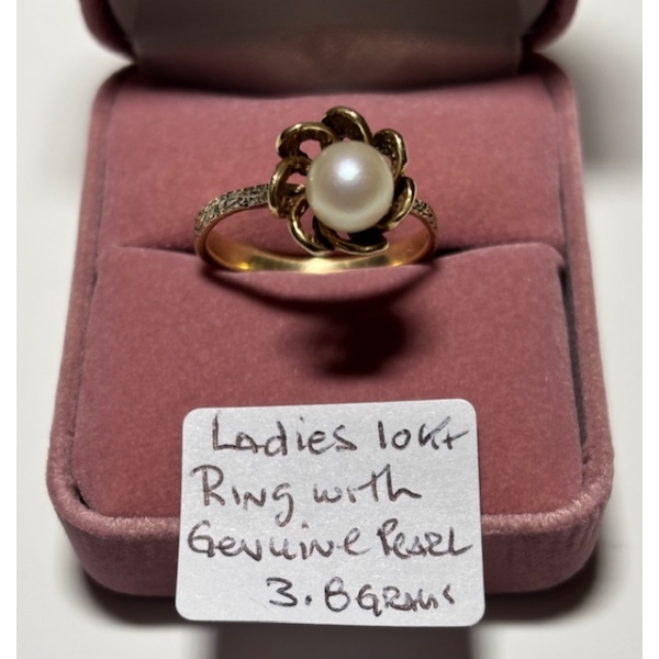 LADIES 10KT RING W/GENUINE PEARL, 3.8G, SZ 10