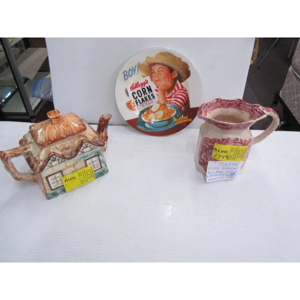 MASONS PITCHER, COTTAGE TEAPOT & A CORNFLAKES PLATE