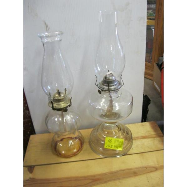 2 GLASS COAL OIL LAMPS W/CHIMNEYS