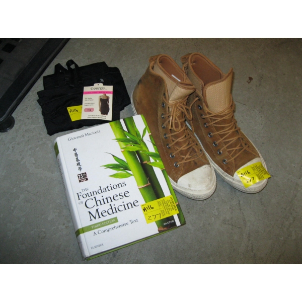 PAIR OF SNEAKERS, SZ 10, MED. CONTROL FULL BODY SLIP SHAPER (L) & CHINESE MEDICINE BOOK