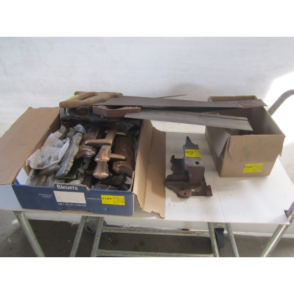 MISC. HOMEMADE ANVIL, SAWS, ASST. HARDWARE, ETC.
