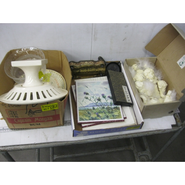 2 BOXES OF MISC. FOOTED FRUIT BOWL, COLLECTOR PLATES, ANGEL ORNAMENTS, ETC.