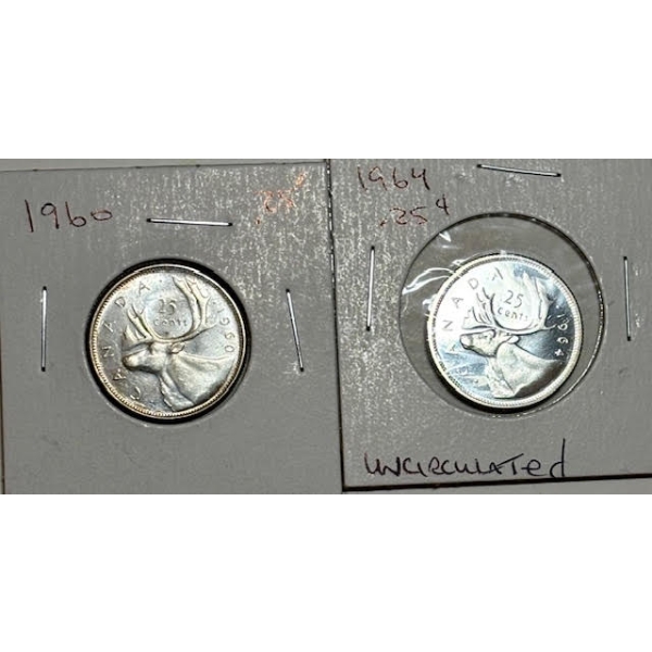1960 & 1964 (UNCIRCULATED) CDN 25 CENT COINS