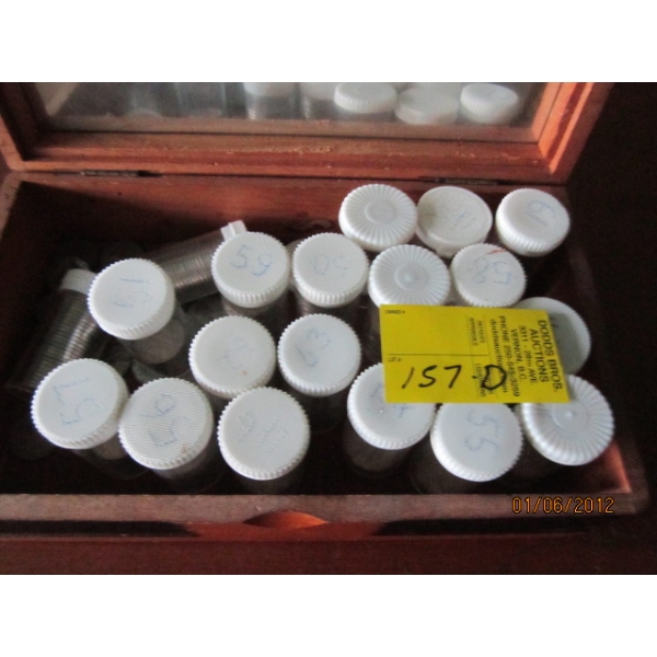 LG. LOT OF VINTAGE NICKELS - DATES ON TOP OF CONTAINERS & WOODEN BOX