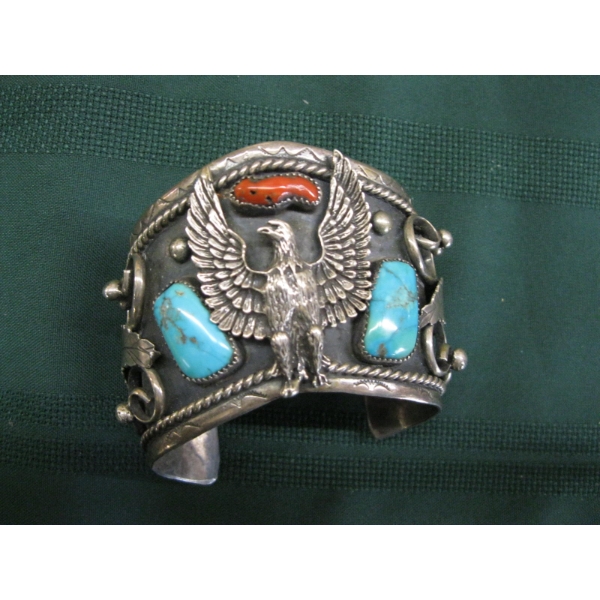HEAVY CUFF BRACELET W/EAGLE & TURQUOISE & CORAL STONES