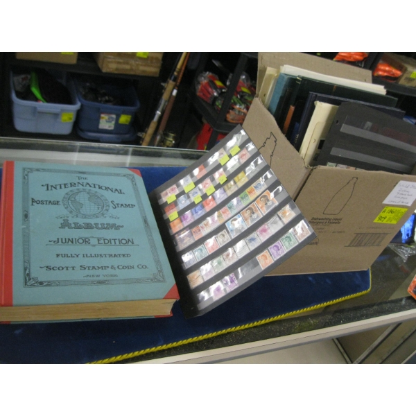 BOX OF WORLD STAMPS: 2 ALBUMS, 4 STOCK BOOKS, LOOSE PAGES