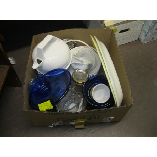 LG. BOX OF MISC. DISHES, PLATES, KETTLE, ETC.