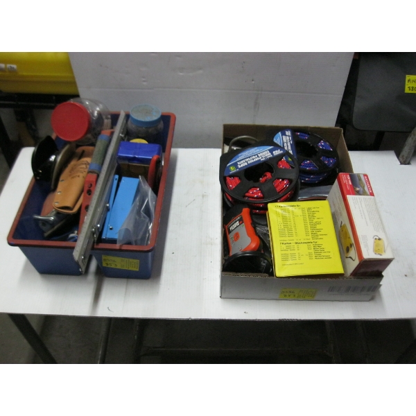 BOX & TOTE OF MISC. ITEMS - ROPE, STUD FINDER, SANDING BLOCK, ETC.