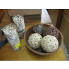 Image 1 : DECORATIVE WOODEN BOWL W/2 GLASS VASES & ASST. WICKER BALLS