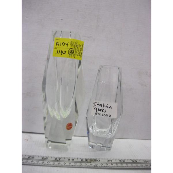 2 CLEAR MURANO ITALY GLASS VASES