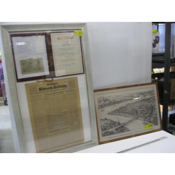 DECORATIVE GERMAN FRAMED CERTIFICATE PAPER & A FRAMED GERMAN CITY