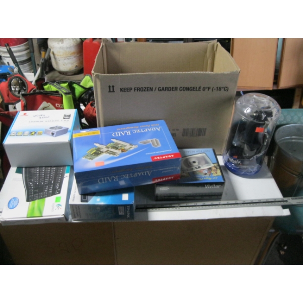BOX OF NEW COMPUTER ITEMS - KEYBOARD, FANS, ETC.