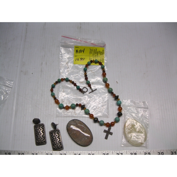 BAG OF MISC. NECKLACE, EARRINGS & STONE