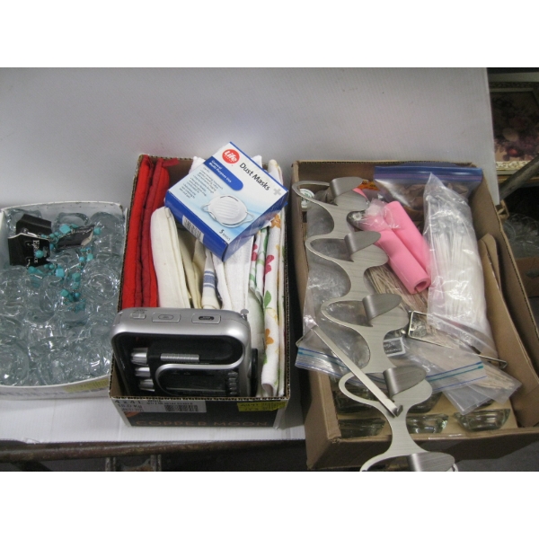 3 BOXES OF EARRINGS, CANDLEHOLDERS, ETC.