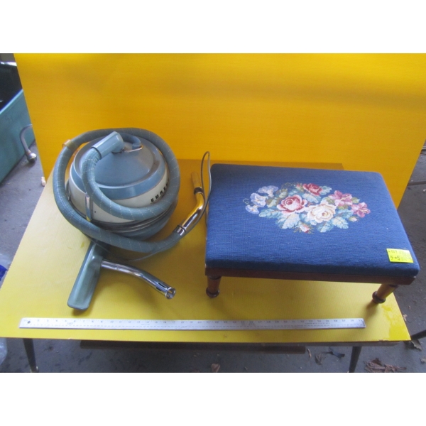 NEEDLEPOINT STOOL & A VINTAGE VACUUM CLEANER IN ORIGINAL BOX
