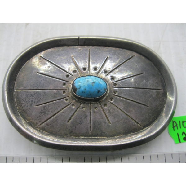 SILVER & TURQUOISE STERLING SIGNED NAVAJO BELT BUCKLE
