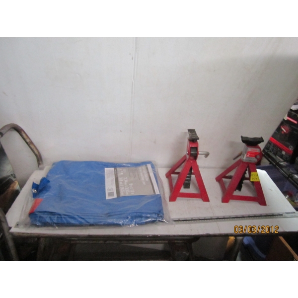 2 - 2 TON AXLE STANDS & A 9X12 TARP