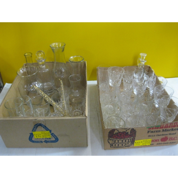 2 BOXES OF ASST. DECANTERS, CRYSTAL GLASSES, ETC.