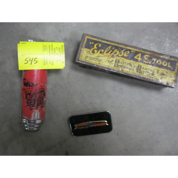 SMALL FIRE EXTINGUISHER, CHEV BADGE, ECLIPSE TIN BOX
