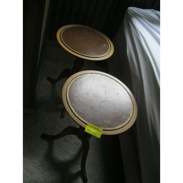 2 ROUND TOPPED LEATHER INLAID TABLES