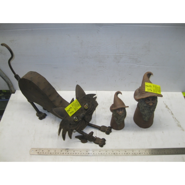 2 POTTERY FIGURINES & METAL DECORATIVE CAT