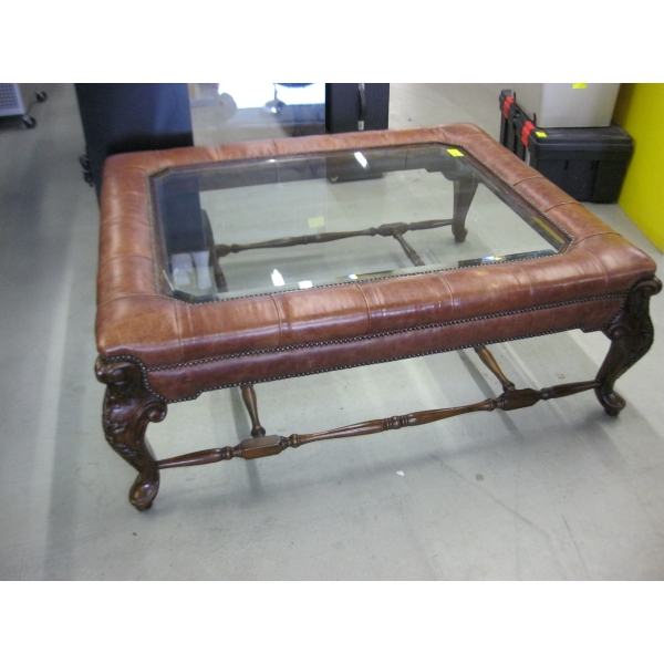 LG. LEATHER PADDED GLASS TOP COFFEE TABLE