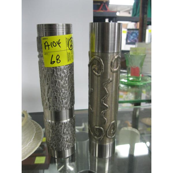 2 BRUTALIST METAL LATHE TURNED VASES