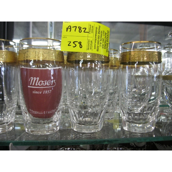 SET OF 12 MOSERS CRYSTAL GLASSES W/24KT GOLD RIMS