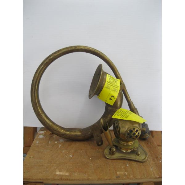 BRASS HORN, MISSING RUBBER & A BRASS DIVER'S HELMET PEN HOLDER