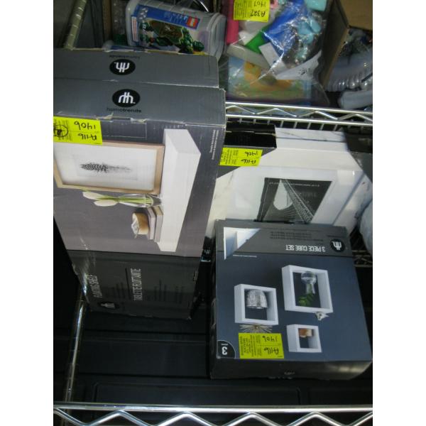 FLOATING SHELVES, PICTURE FRAMES & 3 PIECE CUBE SET