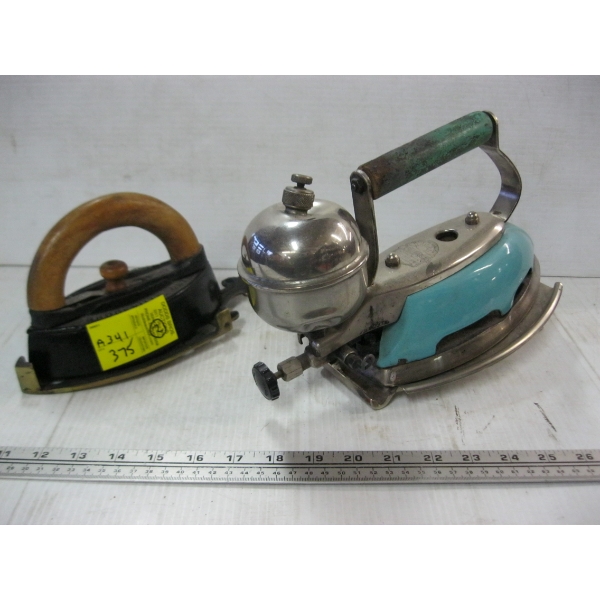 COLEMAN GAS IRON W/STAND & A SAD IRON W/STAND
