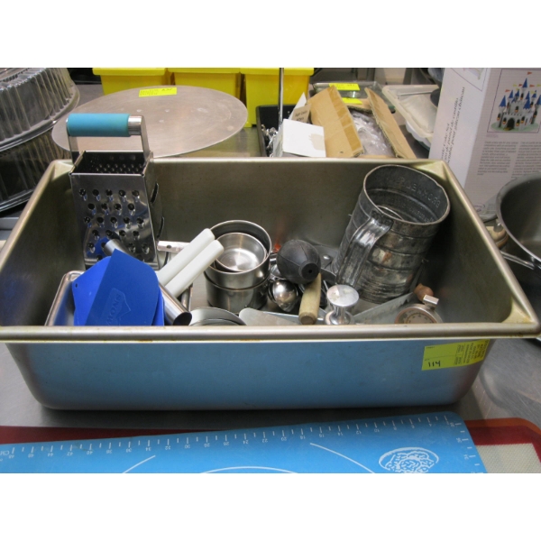 STAINLESS STEEL BIN W/MISC. MEASURING CUPS, PIE CUTTERS, SIEVE, ETC.
