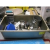 Image 1 : STAINLESS STEEL BIN W/MISC. MEASURING CUPS, PIE CUTTERS, SIEVE, ETC.