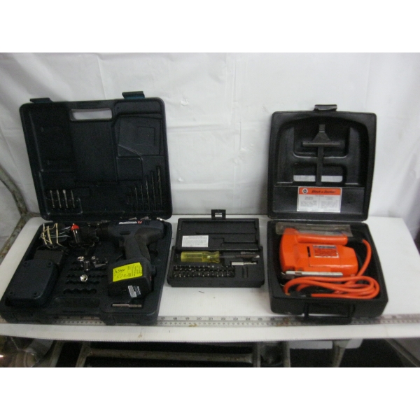 MISC. BLACK & DECKER CORDLESS DRILL, NO CHARGER, MASTERCRAFT CORDLESS DRILL, JIGSAW, ETC.