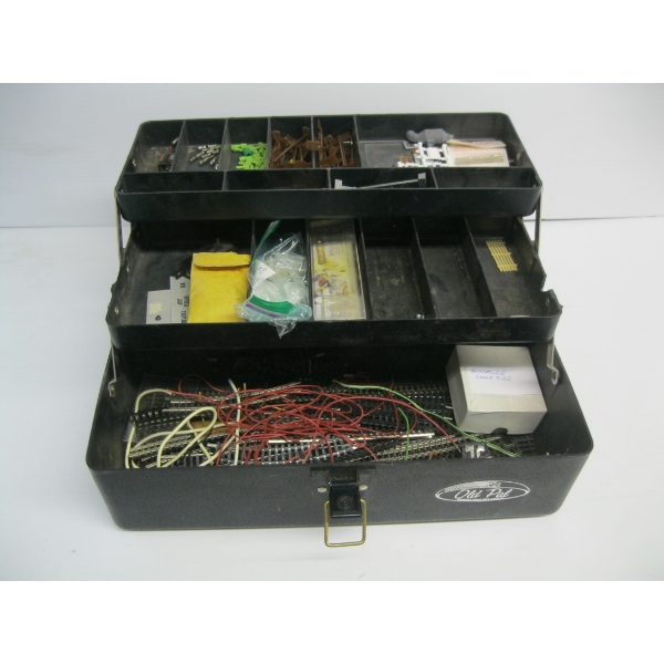 TOOLBOX W/ASST. N GAUGE TRACK, SWITCHES, PARTS, ETC.