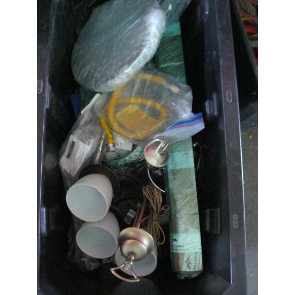 PLASTIC STORAGE BIN W/MISC. LIGHT FIXTURES, GAS HOSE LINE, ETC.