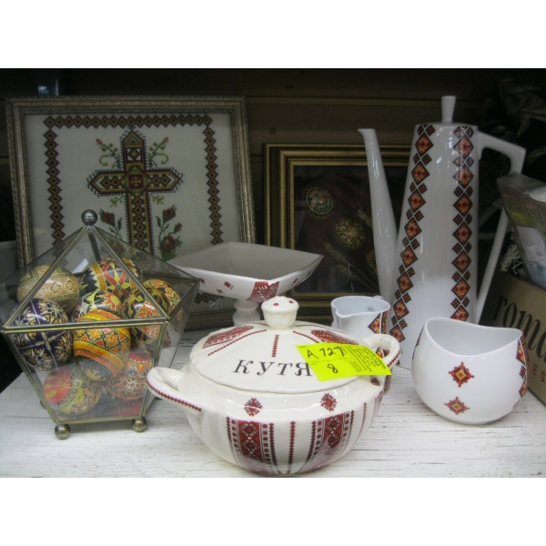 CERAMICS BY ANNE & A GLASS CASE OF PAINTED EGGS