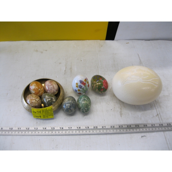 OSTRICH EGG & STONE EGGS, BRASS BOWL, ETC.