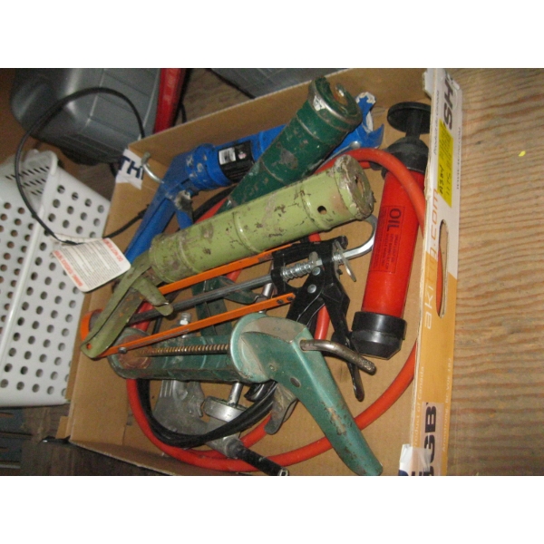 BOX OF MISC: CAULKING GUNS, SPRAYERS, ETC.