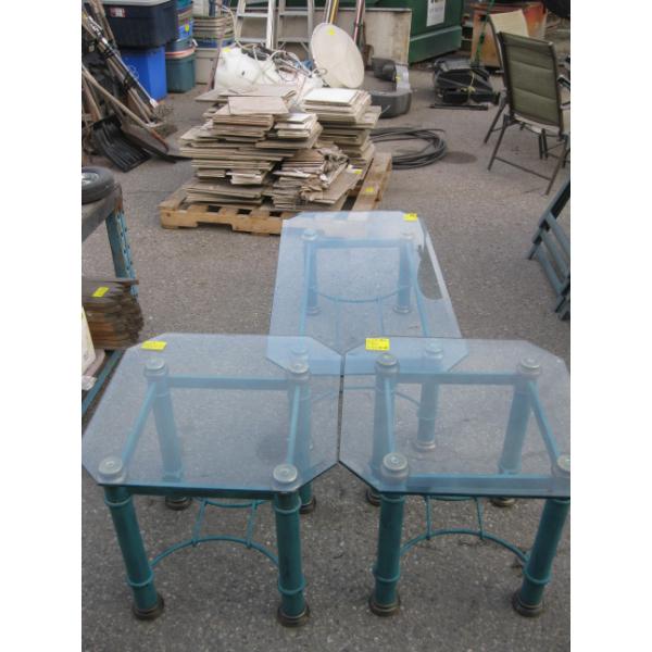 GLASS TOP COFFEE TABLE & 2 MATCHING END TABLES