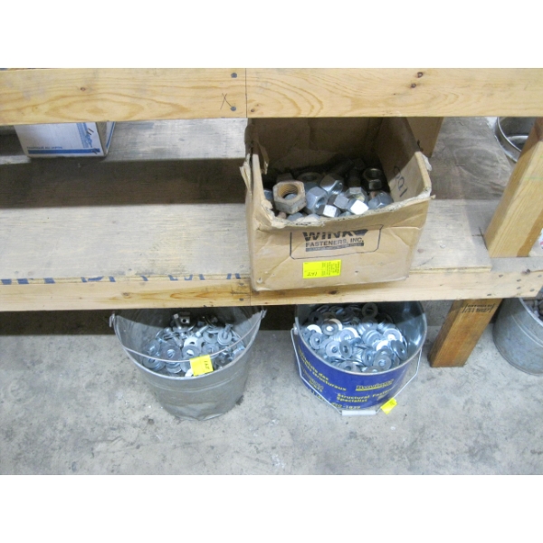2 PAILS OF LG. WASHERS & BOX OF LG. NUTS