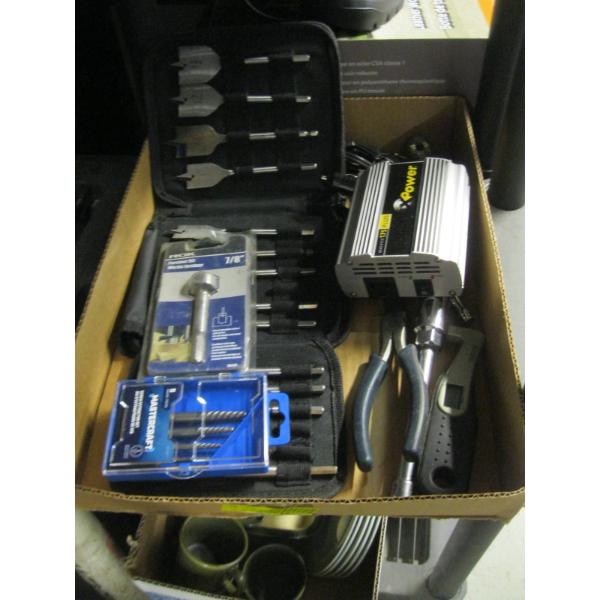 BOX OF MISC: INVERTER, SCREW EXTRACTOR SET, FORSTNER BITS, TOOLS, ETC.