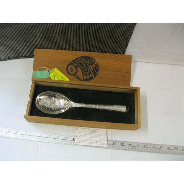 SILVERPLATE NWC SERVING SPOON, NATIVE ESSENCE IN PAINTED BOX, HUMMINGBIRD