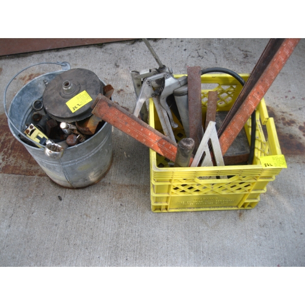 BUCKET & BASKET OF MISC. TOOLS, GREASE GUNS, ETC.