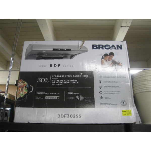 BRAUN STAINLESS STEEL HOOD RANGE IN BOX, 30"