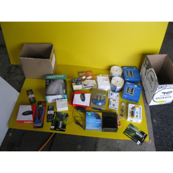 2 BOXES OF NEW COMPUTER ITEMS -  DVD REWRITER, SPEAKERS, ETC.