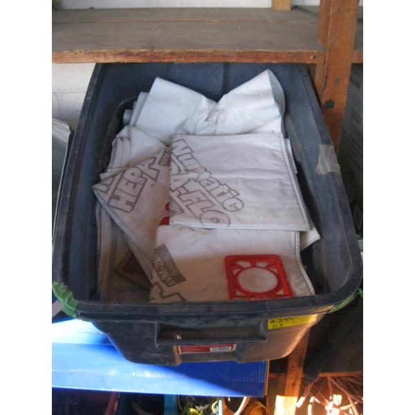 BIN OF MISC. VACUUM BAGS, HOPPER, ETC.