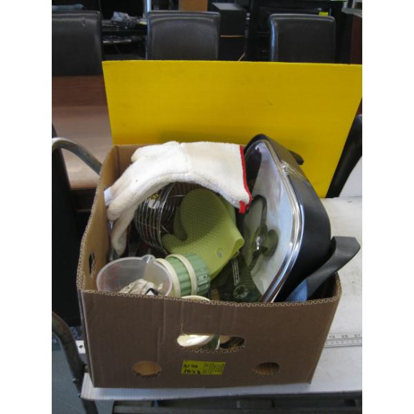 BOX OF MISC. ELECTRIC FRY PAN, SM. BOWLS, TENDERIZER, OVEN MITTS, ETC.