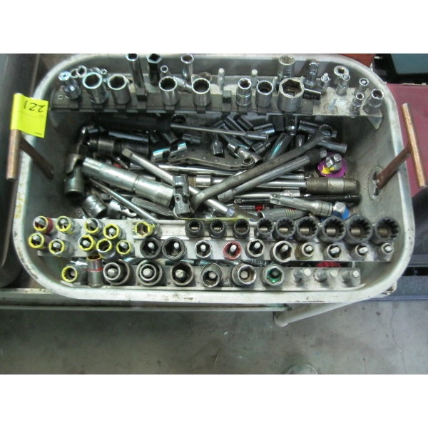BIN W/MISC. SOCKETS, RATCHETS, EXTENSIONS, ETC.