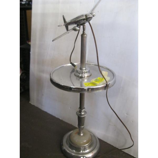 VINTAGE LIGHTED BASED END TABLE W/AIRPLANE - LIGHTED & SM. ELEPHANT FIGURINE